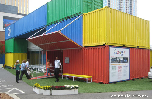 Google's rented space made of boldly colored shipping containers
