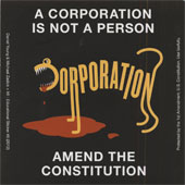a card reading A corporation is not a person, where the word corporation has been made to look like an animal with blood dripping from its sharp teeth