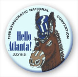 button reading Hello Atlanta with a smiling donkey