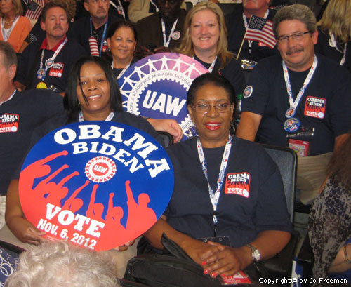 a group from the UAW show their support for Obama