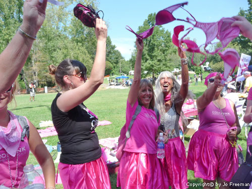 Several code pink women wave pink bras in the air