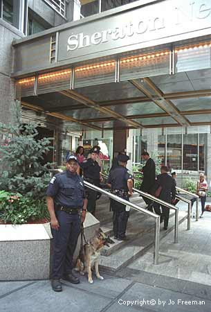 Police stationed in front of convention hotels