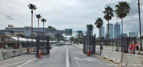 A gate goes across a wide street