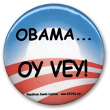 Political button showing obama logo with the words Obama, Oy Vey written across it