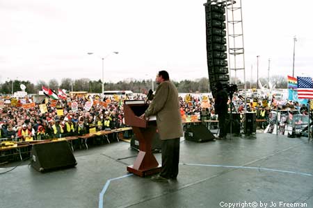 numerous speakers addressed the post march rally in the north Pentagon parking lot.