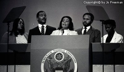 Flanked by her four children Coretta Scott King addresses the Democratic Convention
