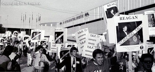 tame protestors which appear to support Reagan on the whole but protest aspects of his platform