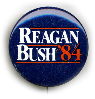 political button reading Reagan Bush 84